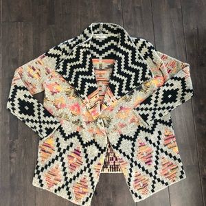 Beige/black/multicolor patterned knit cardigan